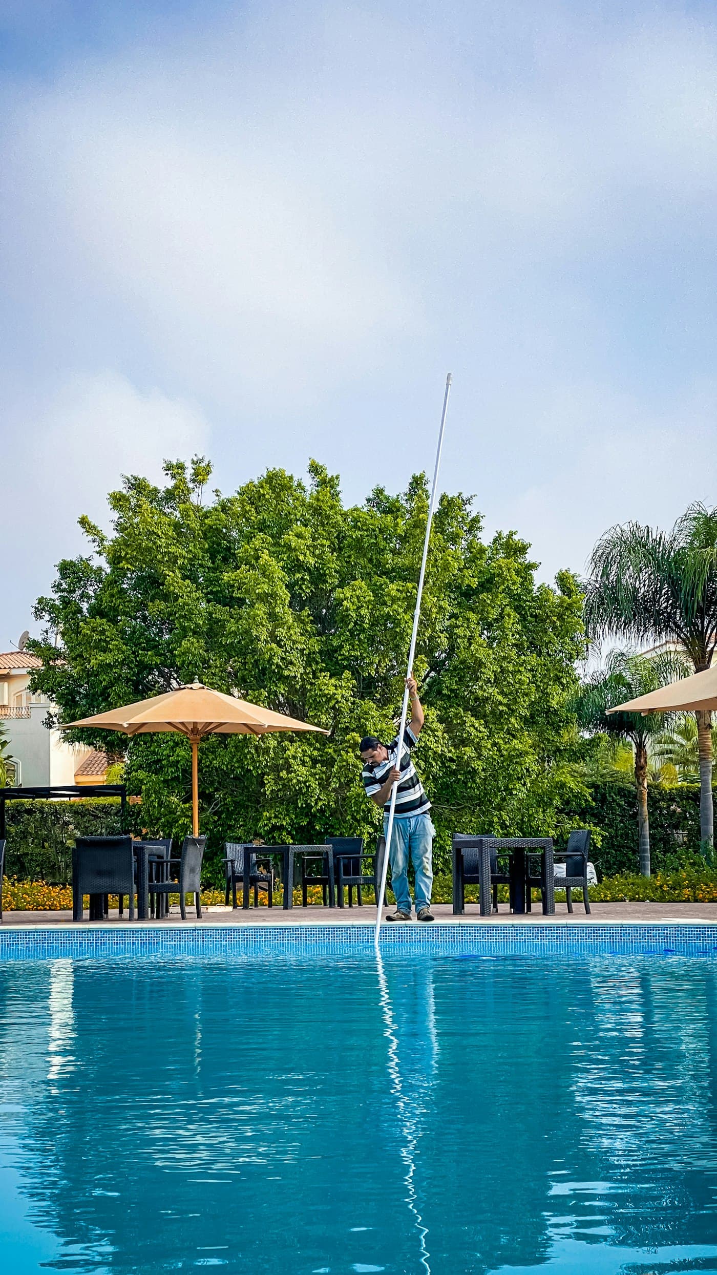Técnico a limpar a superfície de uma piscina com uma rede de cabo comprido